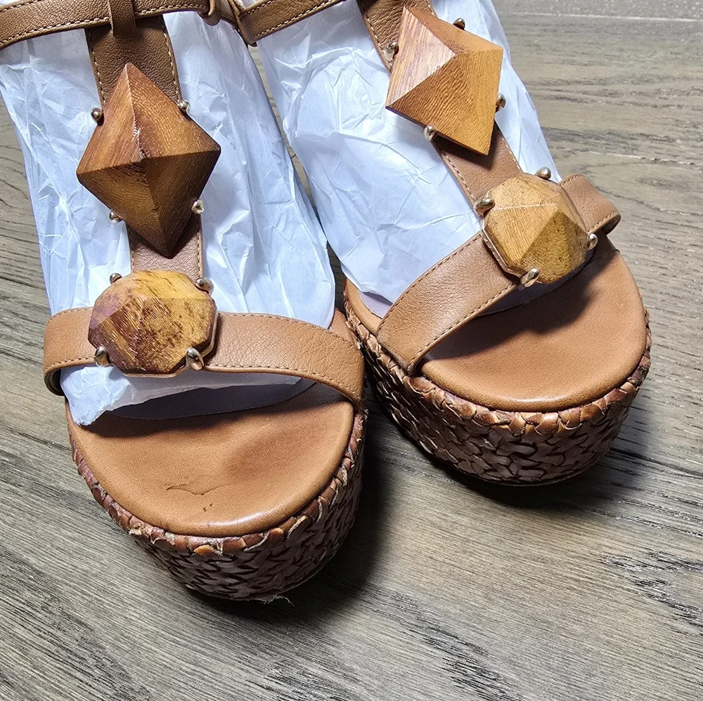 Anya Hindmarch Teak Woody Woven Leather Platform Wedge Sandal in Tan